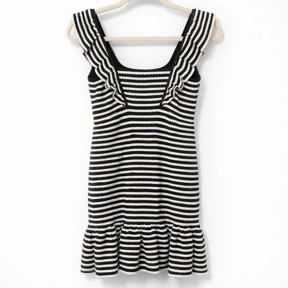 BCBGMAXAZRIA Black & White Stripe Ruffle Hem Knit Dress NWOT - Picture 4 of 12
